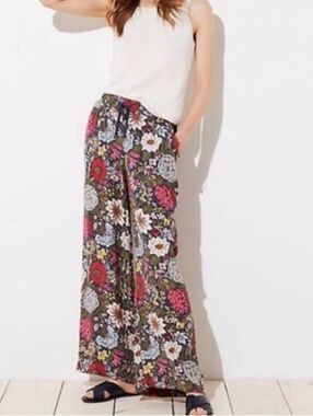 Wide Leg Elastic Drawstring Floral Garden Multicolor Palazzo Pants with Pockets